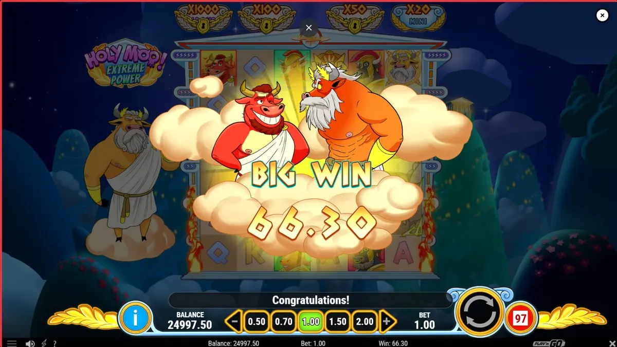 Tampilan visual slot Holy Moo! Extreme Power dengan karakter sapi dewa Olympus