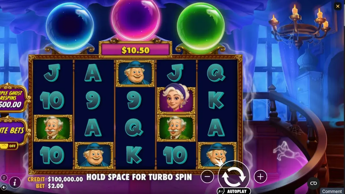 Tampilan layar permainan slot Great Ghosts dengan simbol hantu kartun dan bola kristal.