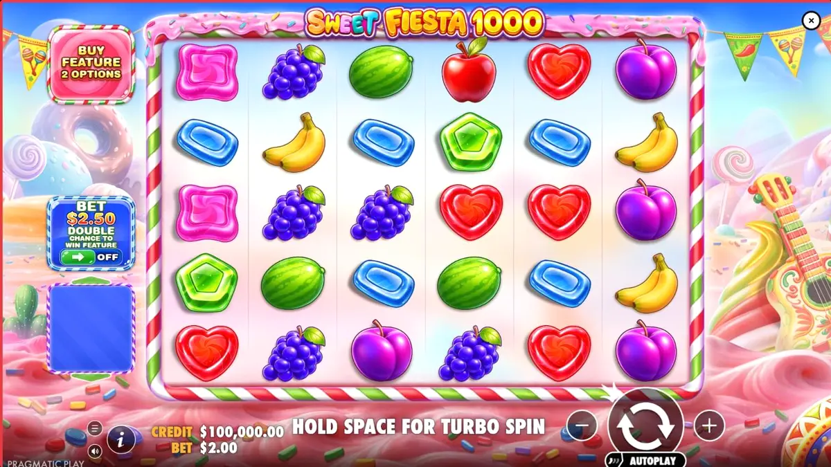 Tampilan visual cerah dan penuh warna dari permainan slot Sweet Fiesta 1000